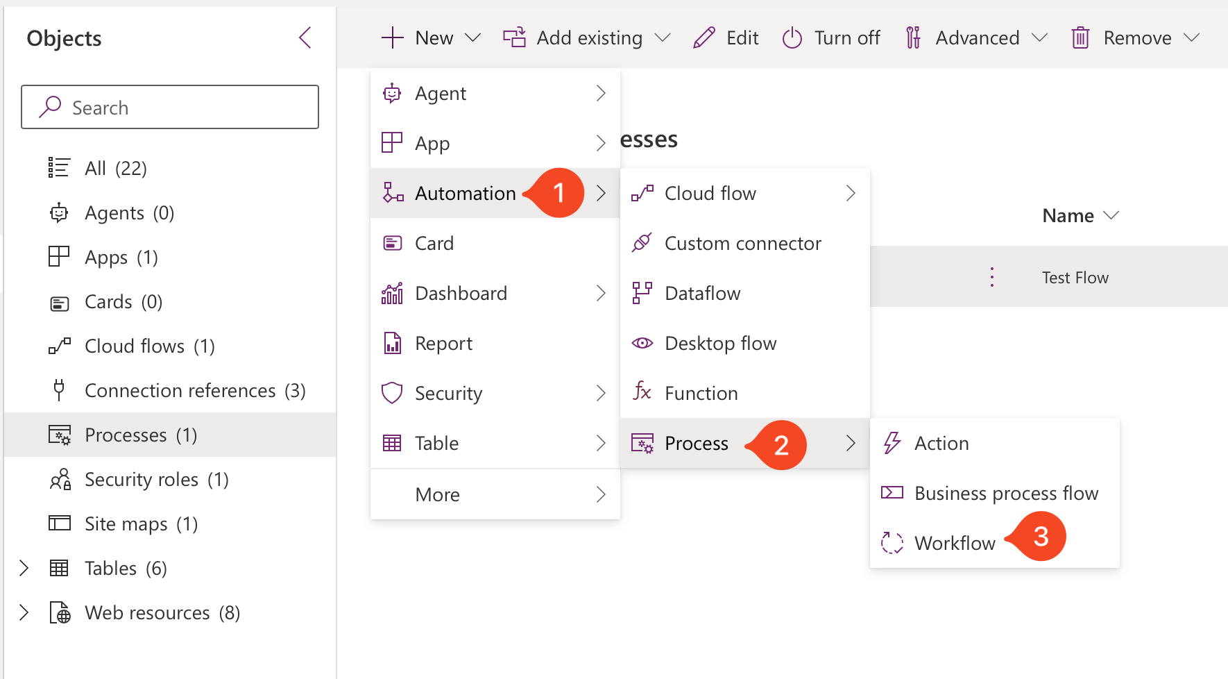 Here we're showing the steps to navigate to the workflow option in the PowerApps solution